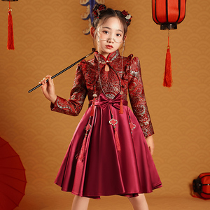 儿童旗袍拜年服洋气红色女童唐装中国风小孩新年喜庆高端衣服春秋