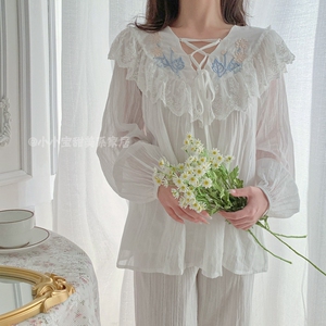 法式复古春秋长袖纯棉睡衣女可爱洛丽塔公主风宫廷蕾丝甜美家居服