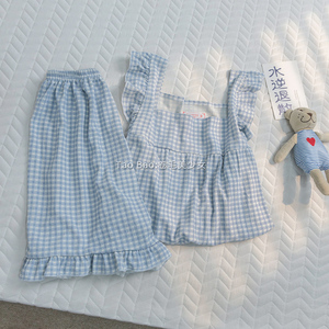 蓝色格子吊带睡衣女夏季新款韩版甜美网红风肌理感两件套装家居服
