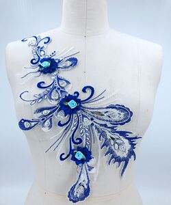 蓝色烫钻蕾丝贴花 立体花朵贴花 diy服装装饰辅料配件40x19cm
