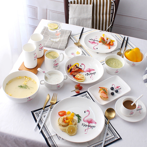 粉色火烈鸟陶瓷盘子家用菜盘意面深盘西餐早餐蛋糕碟马克杯碗套装