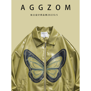 AGGZOM 秋季蝴蝶图案蝙蝠袖皮衣男外套青少年时尚港风翻领夹克