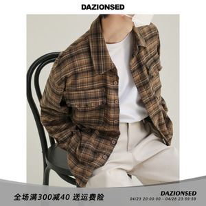 DAZO 设计感复古格子长袖衬衫男宽松纯棉衬衣外套日系新款春装