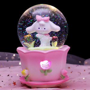 可爱米粒郁金香兔兔发光飘雪花旋转水晶球音乐盒男女儿童生日礼物