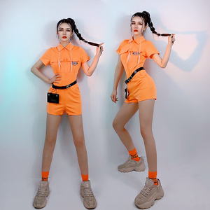 爵士舞服装女gogo嘻哈街舞工装连体裤演出服橘色韩舞女团ds跳舞衣