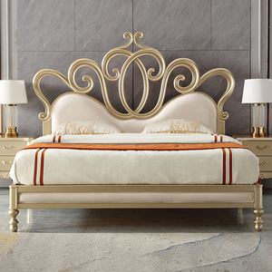 慕艺柏轻奢实木真皮床简约绒布1.8米双人欧式公主雕花异形卧室床