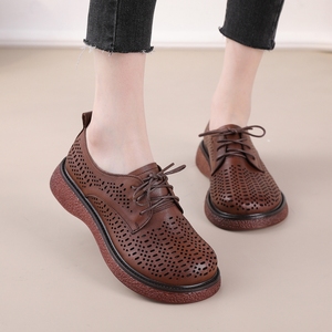 21新款景本色厚底坡跟真皮单鞋复古擦色牛皮浅口鞋一席地镂空女鞋