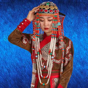 蒙古王妃帽子头饰女士民族蒙古贵族舞蹈演出服蒙古族盛装高筒帽子