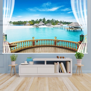现代海滩风景画窗帘遮光卷帘客厅办公室厨房免打孔升降手拉遮阳帘