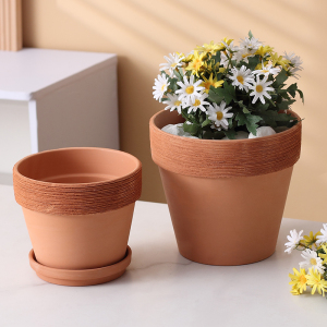 拉丝宽边红陶花盆陶土透气排水陶瓷盆复古鲜花绿植大口径粗陶花器