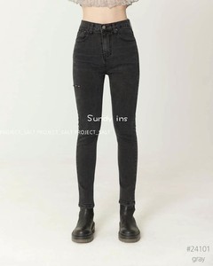 韩国正品代购24春夏新款 黑色高腰侧边割破修身显瘦小脚牛仔裤女