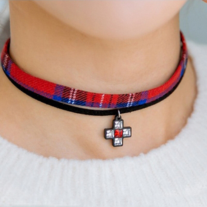 AngelRena韩国进口饰品彩色格子布十字架双线项链脖链P2