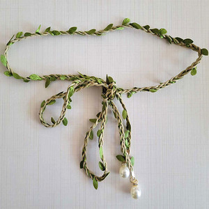 2023春夏新款蜡绳编织树叶子装饰波西米亚风欧美女式珍珠吊坠腰带