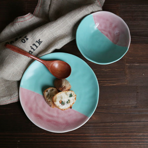 W1962出口欧洲高温陶瓷冰裂釉哑光釉双色拼接创意手捏餐盘/小碗