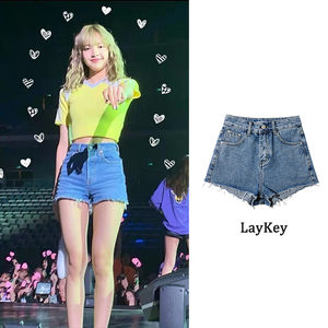 lisa明星同款做旧毛边牛仔短裤女2022夏季性感高腰显瘦包臀热裤子