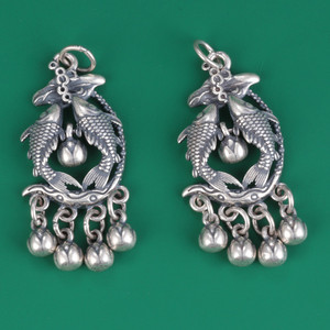 s925纯银流苏双鱼吊坠 复古做旧工艺挂件坠子diy手工串珠材料