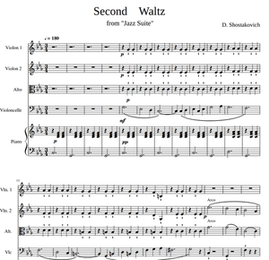 肖斯塔科维奇第二圆舞曲 弦乐四重奏 钢琴伴奏谱 总谱 分谱 示范