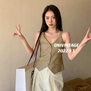 oni欧尼时髦港风复古皮吊带背心女辣妹修身马夹外穿短款上衣4108