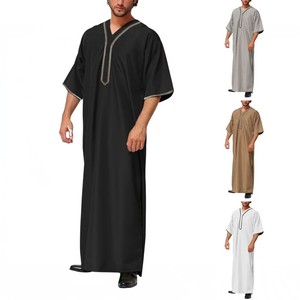 2024新款穆斯林中东阿拉伯迪拜马来西亚男士宽松短袖长袍纽扣衬衫