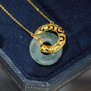 18k金镶嵌天然缅甸冰种飘花带彩翡翠双环甜甜圈平安扣项链吊坠女