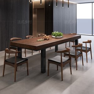 铁艺实木餐桌椅组合现代简约长方形家用小户型饭桌原木大板办公桌