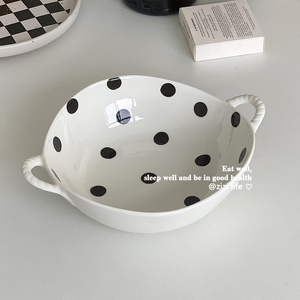 ins韩式黑白简约波点陶瓷双耳不规则碗家用泡面碗汤粉碗创意个性