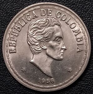 哥伦比亚1956年20分铜镍币,23.2mm,三幺幺外国硬币收藏美洲钱币