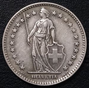 瑞士1932年2法郎银币,赫尔维希亚女神,三幺幺外国硬币收藏欧洲