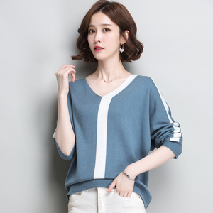 秋装2019新款女装初秋v领上衣服宽松冰丝针织打底衫女薄款长袖t恤