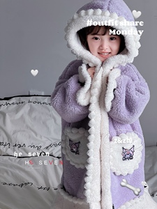 波拉韩国童装23ZZ冬季女童紫蓝色法蓝绒睡袍公主可爱柔软特价促销