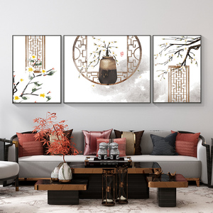新中式客厅装饰画阖家欢乐禅意中国风花卉沙发背景墙壁画三联挂画