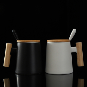 木柄陶瓷马克杯创意简约大容量咖啡杯办公室水杯带盖勺定制logo