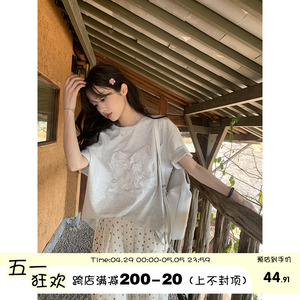 馨帮帮 自制韩系chic刺绣蕾丝蝴蝶结上衣印花短袖T恤女2024新款