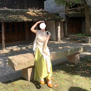 连衣裙新中式改良旗袍长裙子2024夏季新款国风气质温柔绿色套装裙