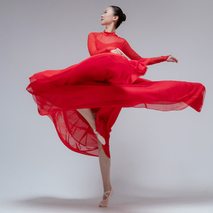 新款红色大裙摆现代舞蹈服女成人民族服装舞台装性感现代舞演出服
