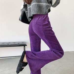 紫色雪尼尔阔腿裤女秋冬季高腰休闲小个子灯芯绒拖地开叉微喇叭裤