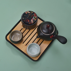 家用快客杯一壶二杯两单人陶瓷简易日式功夫黑陶茶具花瓣套装蓄水