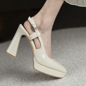 法式防水台杏色高跟鞋女夏季新款真皮复古粗跟尖头后空包头凉鞋