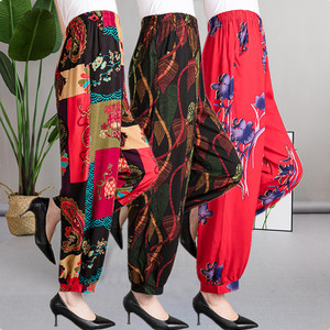 民族风春夏人造棉沙滩长裤宽松大码高腰绵绸哈伦瑜伽太极灯笼裤女