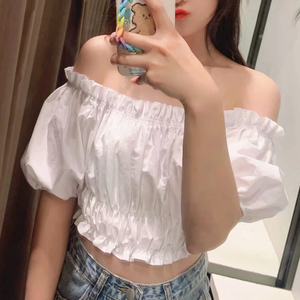 松紧褶皱一字领抹胸t恤女短袖高腰超短小性感上衣漏肩露脐木耳边t