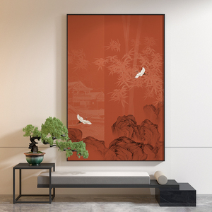 客厅玄关背景墙新中式装饰画山水禅意仙鹤意境中国风红色挂画轻奢