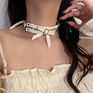 小众设计设计 白色双层皮带蝴蝶结颈饰项圈chocker项链