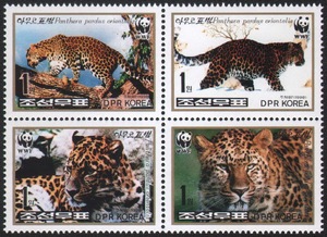 E096  全新外国邮票1998年朝鲜熊猫WWF徽金钱豹野生动物（4连票）