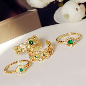 复古宫廷西洋时尚个性金色镂空雕花蕾丝祖母绿宝石戒指秀气装饰女