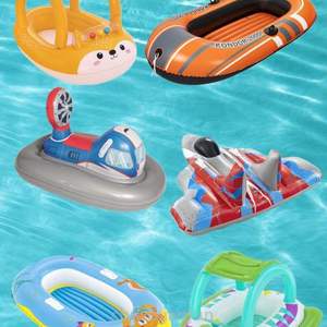 小船戏水?把手坐圈充气遮阳篷儿童水上带卡通游泳圈船漂浮船钓鱼