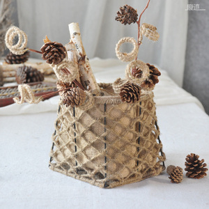 痕迹手工麻编篮子 麻布花篮装饰收纳筐杂物整理水果篮子艺术花器