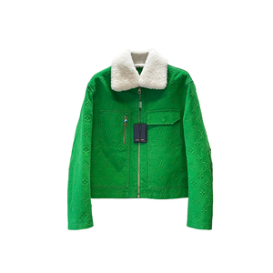 【现货】louis vuitton绿色立体浮雕满印老花毛领拉链夹克lv外套