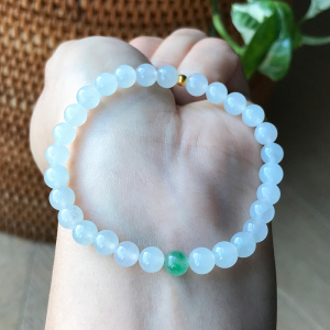 缅甸老坑a货玉石翡翠珠手链圆珠手串冰种白冰飘绿阳绿金珠证书