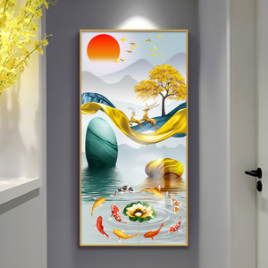 九鱼图新中式入户玄关装饰画走廊过道墙壁画麋鹿时来运转挂画发财