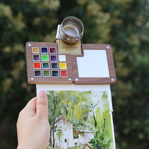 史明克迷你便携水彩颜料套装随身携带旅行写生画画胡桃木颜料盒